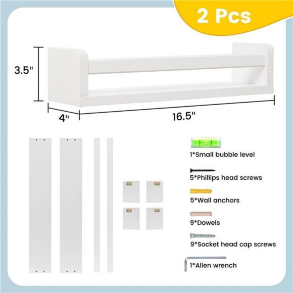 Nursery Book Shelves - Wood Floating Bookshelf for Kids -Set of 2 - White - 16" - Picture 3 of 6